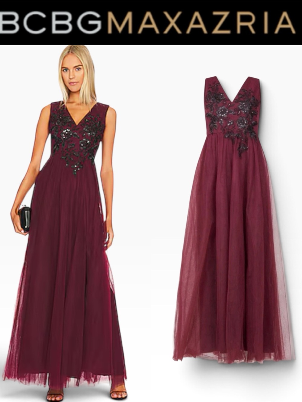 NWT BCBGMAXAZRIA WINE TULLE BLACK FLORAL LACE APPLIQUÉ FORMAL DRESS SIZE 6